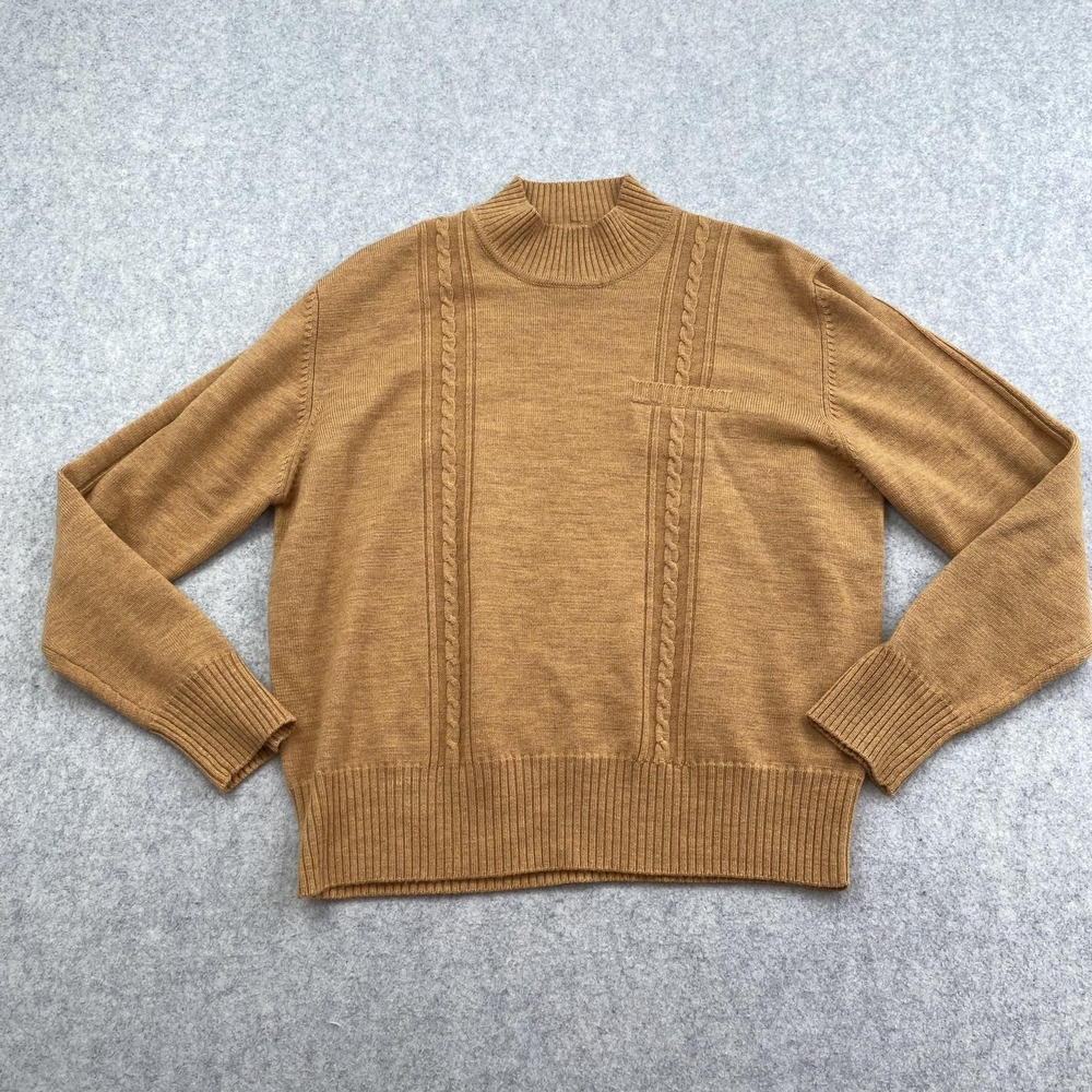 Evan Picone Sweater Womens XL Brown Merino Wool Mock Neck Cable Knit Pullover